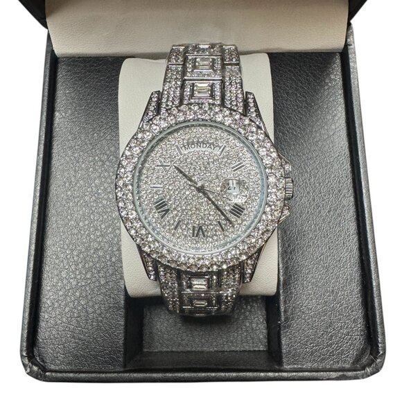 New Stunning Iced Out Men's Day - Date Quartz Watch 42mm NWOT - Picture 1 of 6
